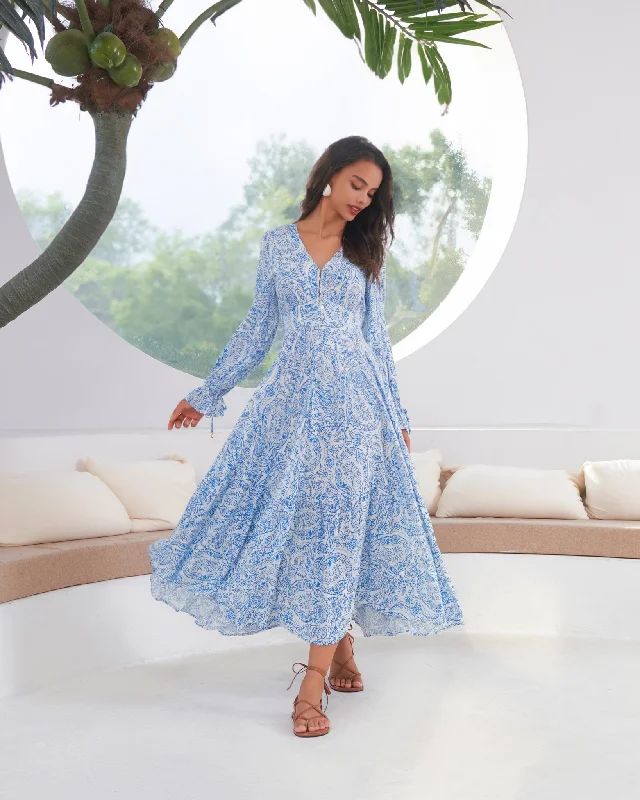 women's stretchy dressesSkyra Blue Boho Long Sleeve Midi Dress