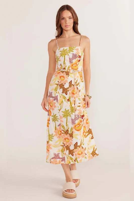 women's prom dressesSarai Cream Tropical Belted Linen Midi Dress