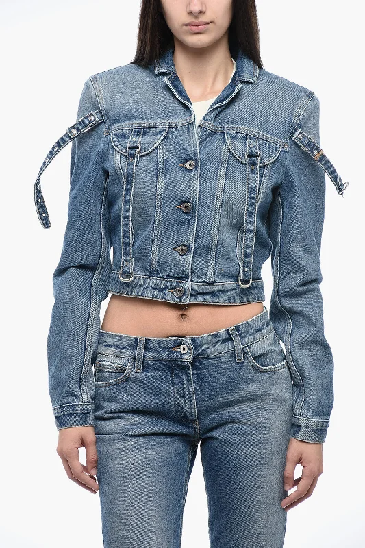 leather coats for womenOff-White Crop Denim Jacket With Buckles Detail