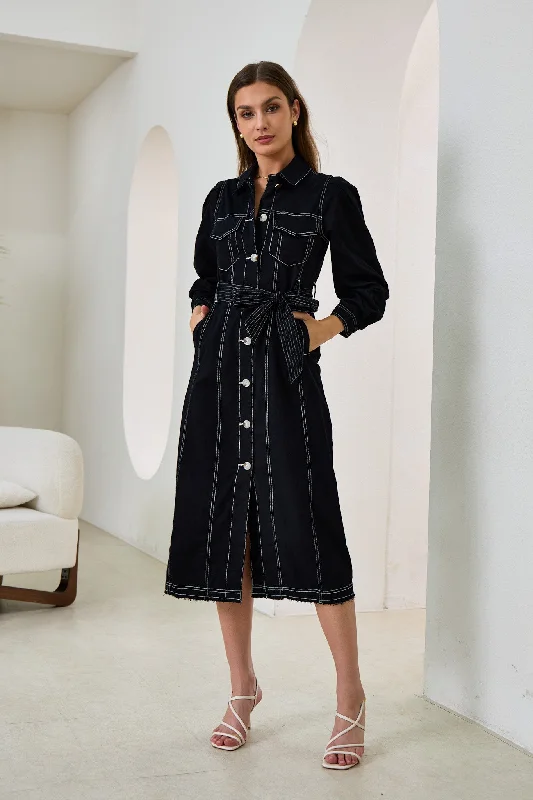 women's checkered dressesCleo Black Button Down Belted Midi Dress