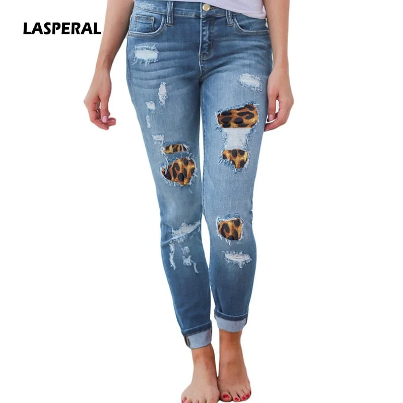 women's elastic waist denim jeansLASPERAL Womens Plus Size High Waist Jeans Solid Leopard Patchwork Irregular Ribbed Holes Pencil Pants Stretch Slim Trouser