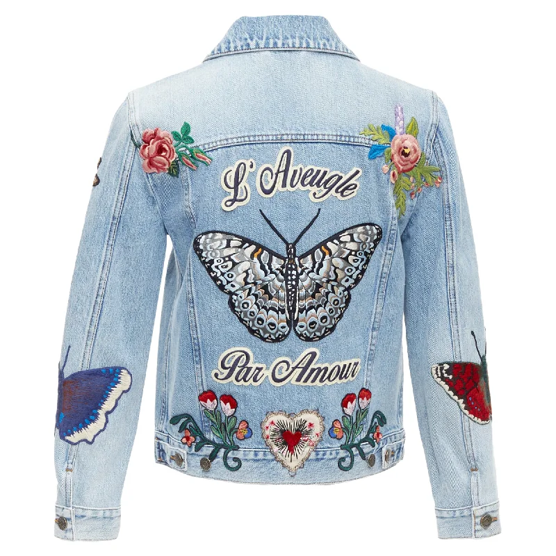 women's coats with geometric patternsGucci l'aveugle par amour embroidered denim patch denim jacket