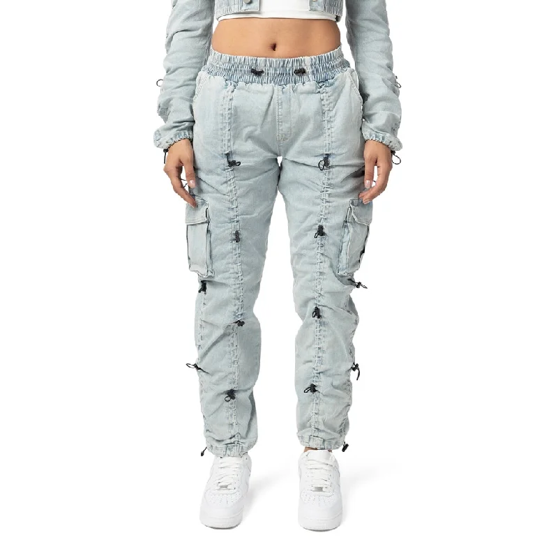 women's white denim jeansHigh Rise Multi Bungee Cargo Denim Joggers - Speckle Blue