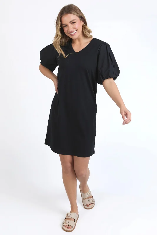 women's high-end dressesJoy Black Poplin Puff Sleeve Midi Dress