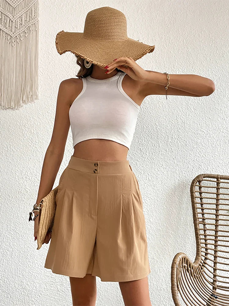 women's plus-size pantsWomen Summer Waist Button Wide Leg Lady Casual Loose Vintage Solid Clothing Pencil Pants Female Short