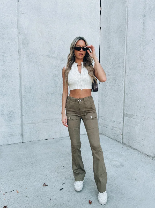 women's everyday pantsRESTOCKED: Karmen Flare Cargo Pant In Olive