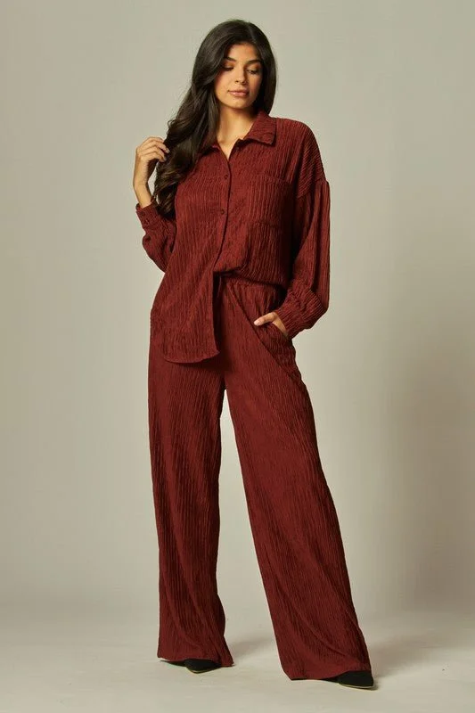 women's hot pantsPlisse Button Down Shirt Loungewear Set