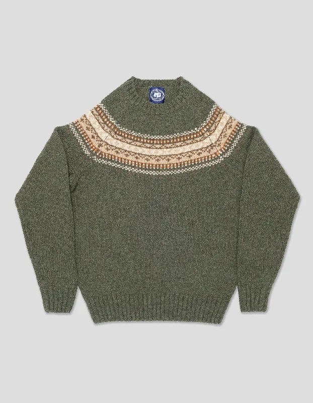 women's lace-up dressesSHETLAND WOOL FAIR ISLE CREW NECK SWEATER - GREEN