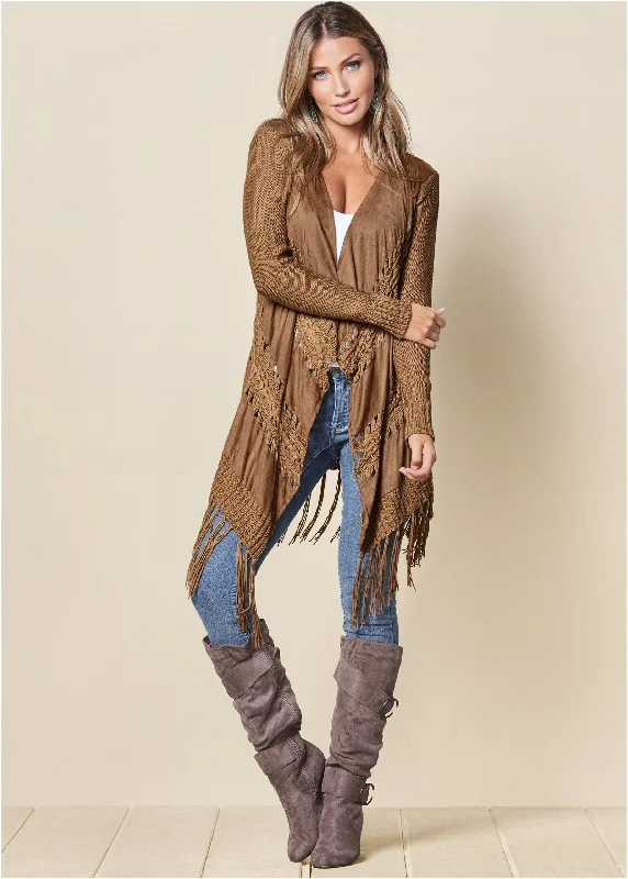 women's party dressesFaux-Suede Fringe Cardigan - Brown