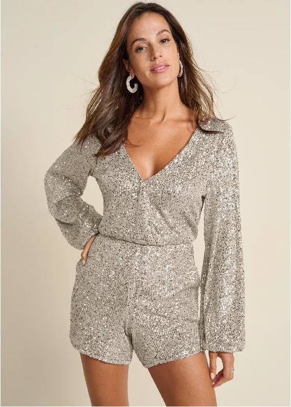 women's flowy dressesSurplice Sequin Romper - Champagne