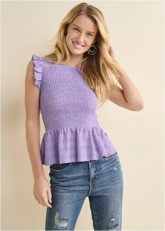 women's eco-friendly dressesSmocked Peplum Top - Purple