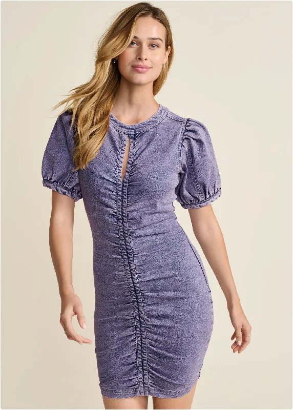 women's hourglass figure dressesPuff Sleeve Denim Dress  - Lavender