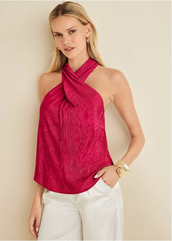 women's vacation dressesPlisse Cross Neck Tank - Red