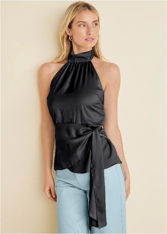 women's custom dressesHalter Neck Wrap Blouse - Black