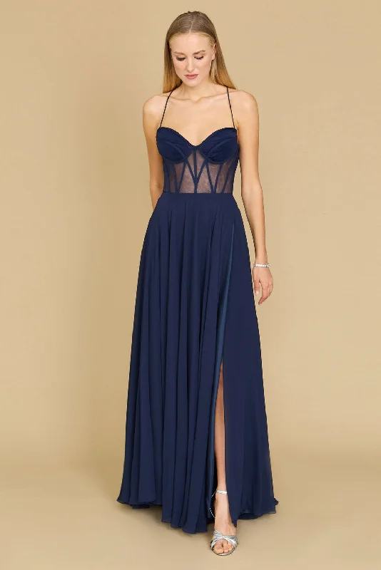 women's vintage dressesDylan & Davids Long Chiffon Corset Formal Prom Dress Navy