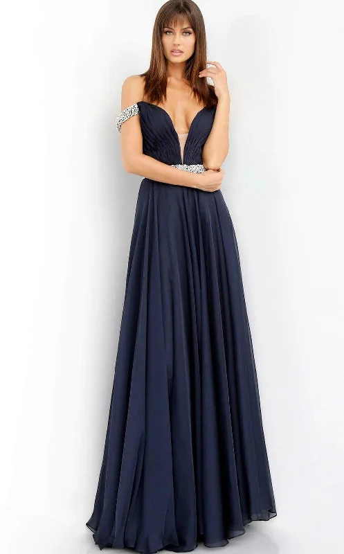 women's bell-sleeved dressesJovani 54935 Off-Shoulder High Slit Long Prom Dress