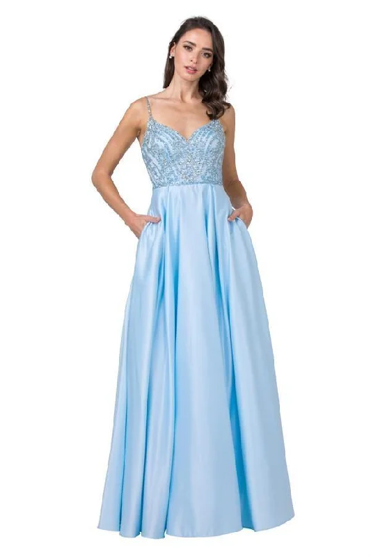 women's flowy dressesLong Formal Beaded Spaghetti Strap Prom Ball Gown