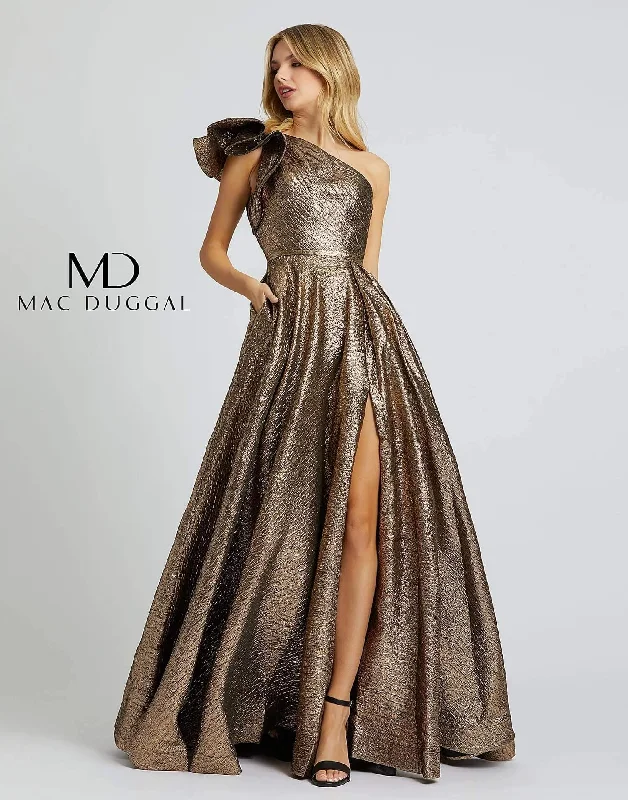 women's bell-sleeved dressesMac Duggal Long One Shoulder Metallic Prom Ball Gown Sale