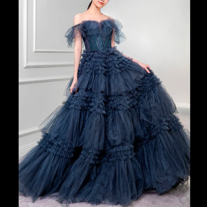 women's bespoke dressesBall Gown Multi-Level Tulle Dark Blue Quinceanera Dresses