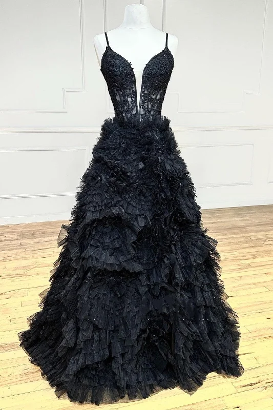 women's wedding guest dressesBlack Plunge V Spaghetti Strap Ruffle Tiered Long Gown