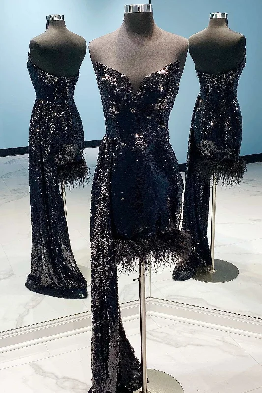 women's silk dressesBlack Sequin Strapless Feathered Cocktail Gown with Attached Train