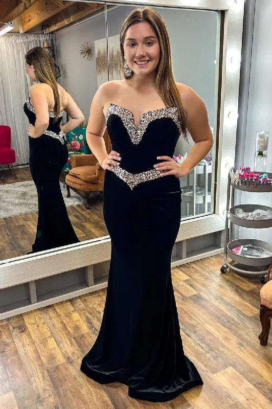 women's mini dressesBlack Strapless Rhinestone Mermaid Long Gown