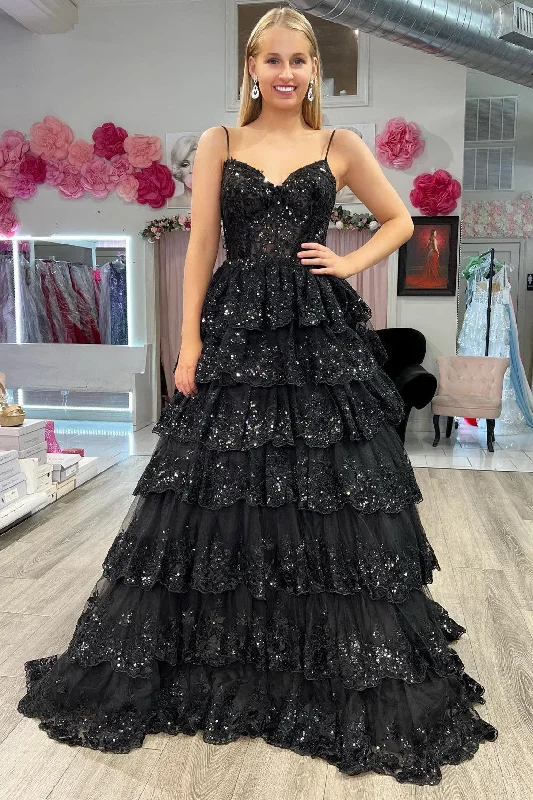 women's striped dressesBlack Tulle Sequin Tiered Long Gown with Spaghetti Straps