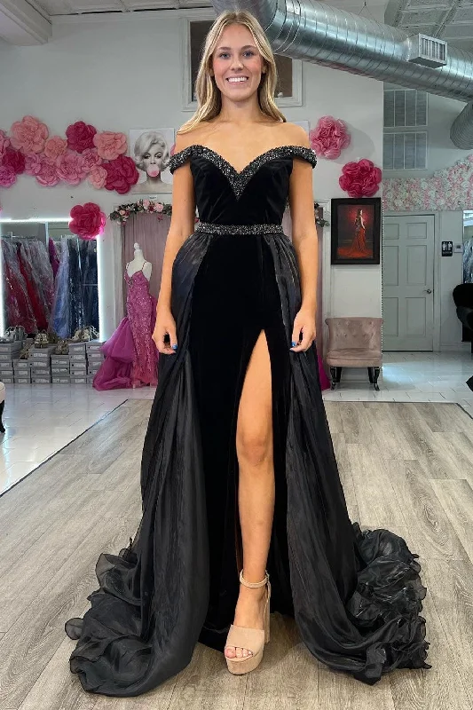 women's ball gown dressesBlack Velvet Beaded V-Neck Long Gown with Attached Train