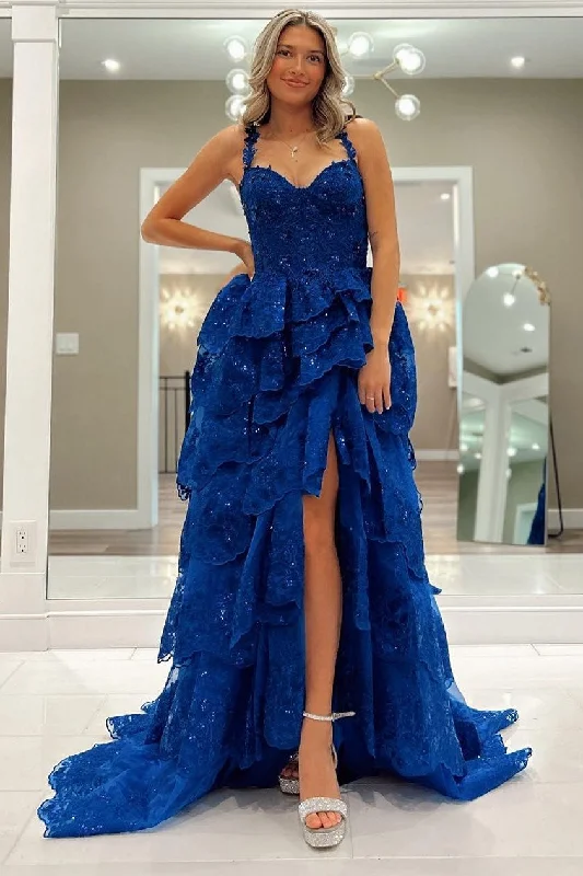 women's evening dressesBlue Tulle Sequin Sweetheart Ruffle Tiered Long Gown