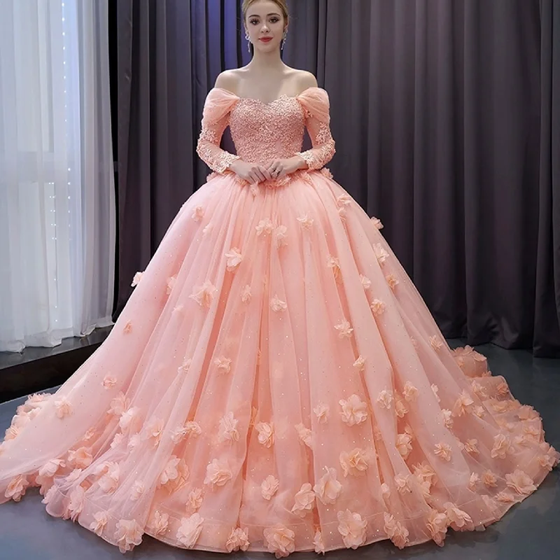 women's unique dressesBlush Ball Gown Off the Shoulder Long Sleeves Sweetheart Quinceanera Dress