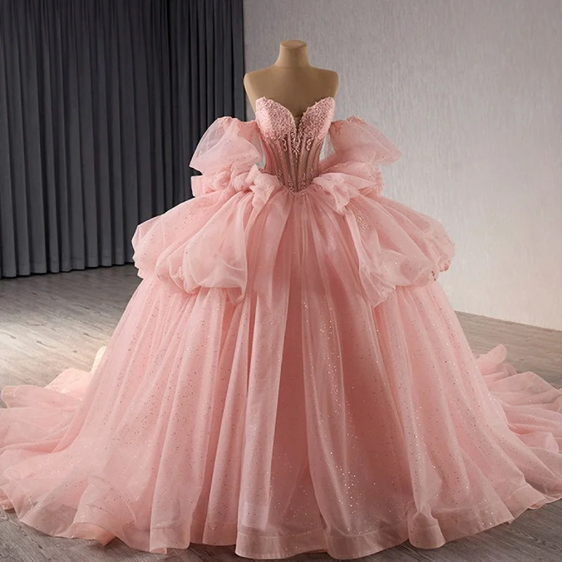 women's flutter-sleeved dressesBlush Puffy Skirt Ball Gown Quinceanera Dress with Detachable Sleeve