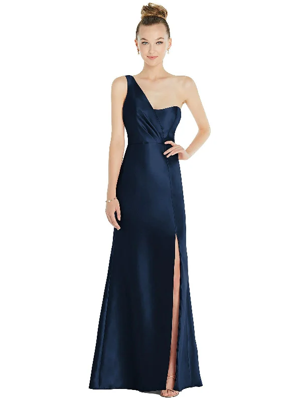 women's A-line dressesDraped One-Shoulder Satin Trumpet Gown with Front Slit