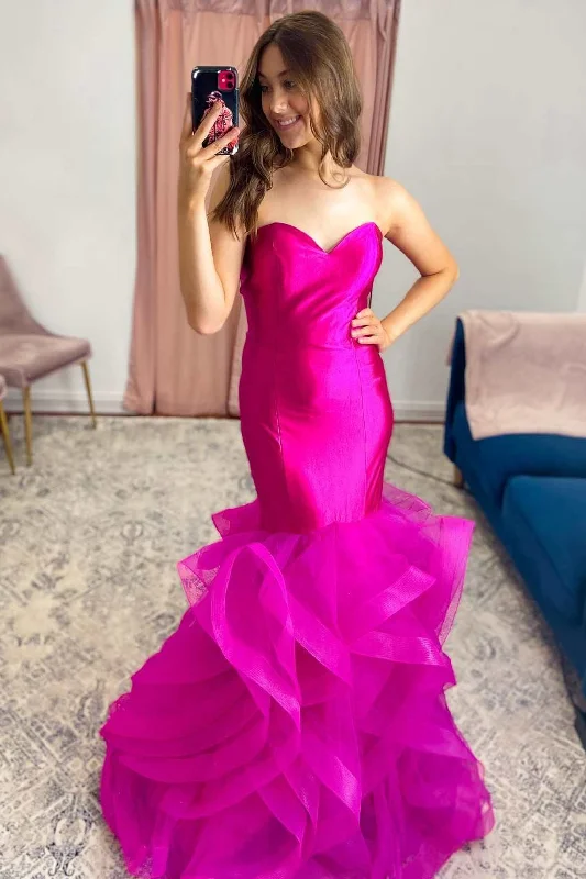 women's bow dressesFuchsia Strapless Layers Trumpet Long Formal Gown