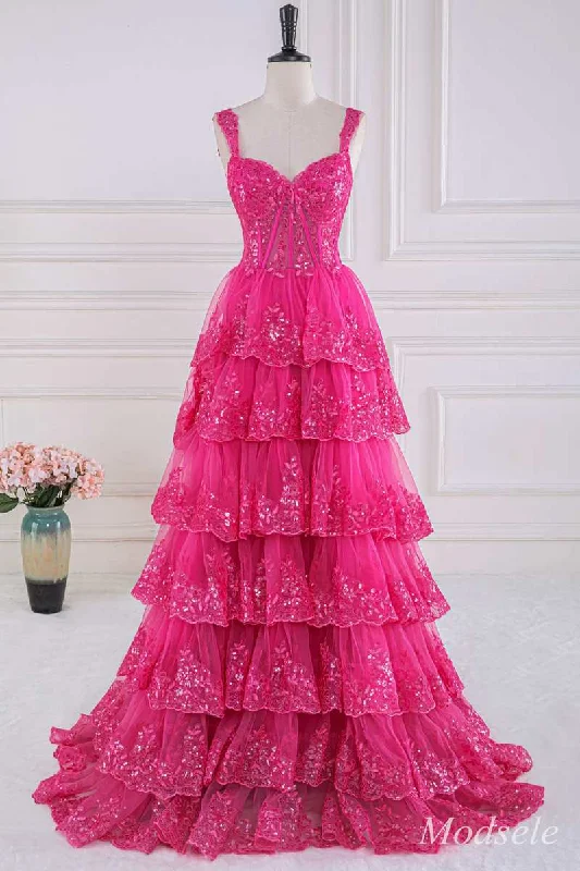 women's travel dressesFuchsia Tulle Sequin Sweetheart Ruffle Multi-Layer Ball Gown