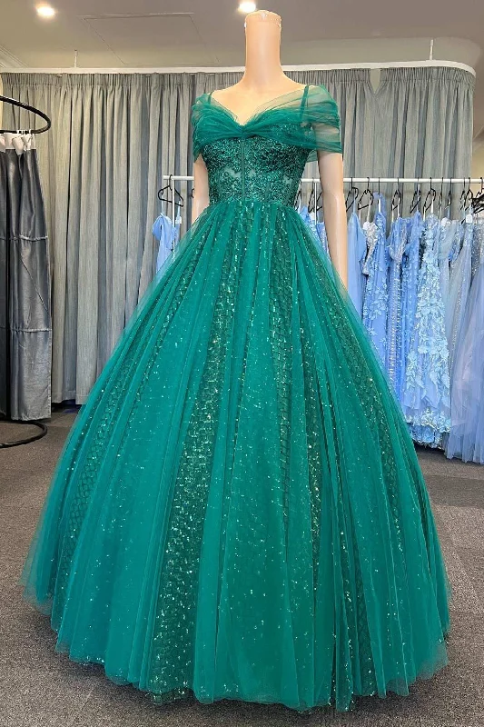 women's business casual dressesGlitter Emerald Green Tulle Cold-Shoulder Ball Gown