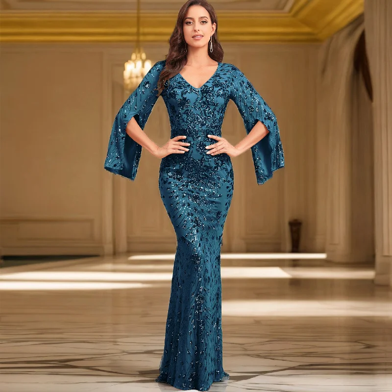 women's stretchy dressesGlitter Mermaid Dress Mother of The Bride Long Sleeve V-Neck Formal Gown