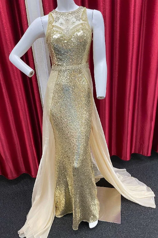 women's minimalist dressesGold Sequin Illusion Beading Long Formal Gown with Attached Train