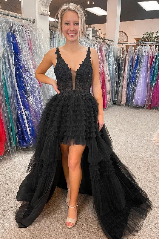 women's long-sleeved dressesHigh-Low Tulle Plunge V Tiered Formal Gown with Ruffles