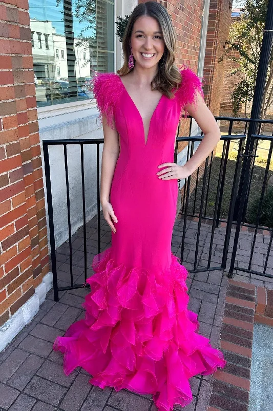 women's minimalist dressesHot Pink Plunge V Feather Ruffle Multi-Layer Long Gown