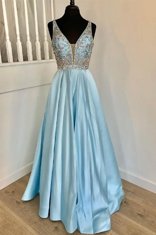 women's limited-edition dressesLight Blue A-line Rhinestons Long Formal Gown