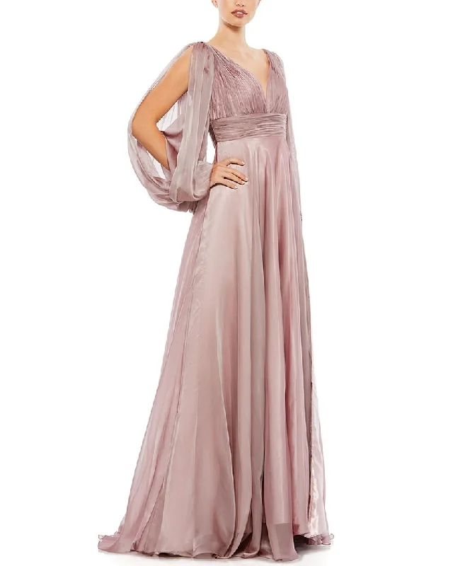 women's boho dressesMac Duggal Chiffon Open Sleeve A-Line Gown