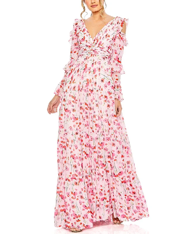 women's retro dressesMac Duggal Floral Print Drop Shoulder Ruffle Sleeve Gown