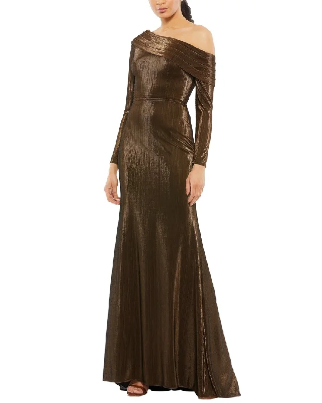 women's solid color dressesMac Duggal Metallic Off-The-Shoulder Trumpet Gown