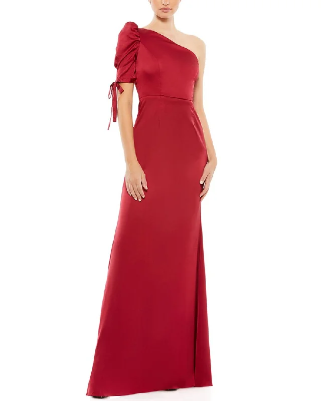 women's long-sleeved dressesMac Duggal Satin One-Shoulder Puff Sleeve Trumpet Gown