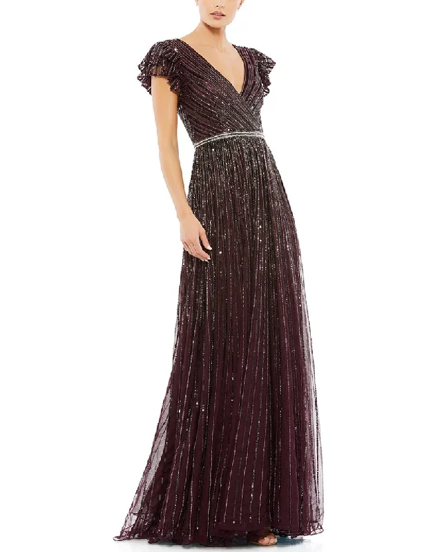 women's bell-sleeved dressesMac Duggal Sequined Wrap Over Ruffled Cap Sleeve Gown