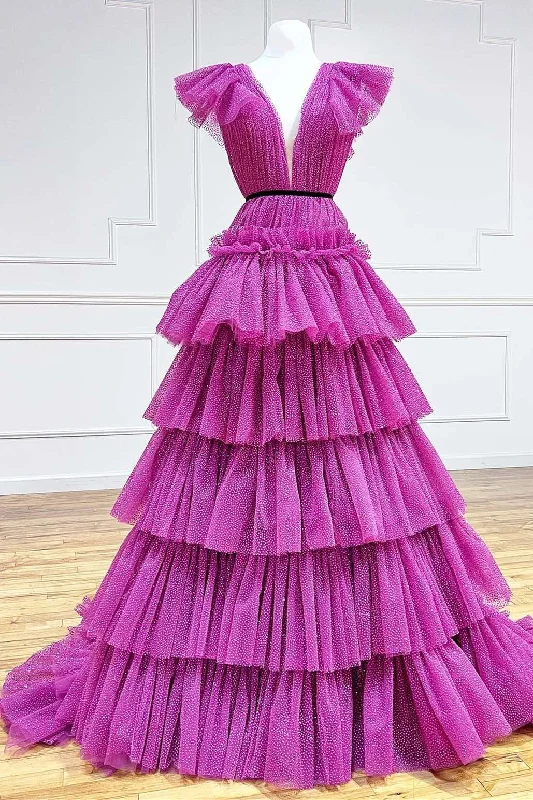 women's eco-friendly dressesMagenta Plunge Neck A-Line Tiered Ball Gown with Ruffles