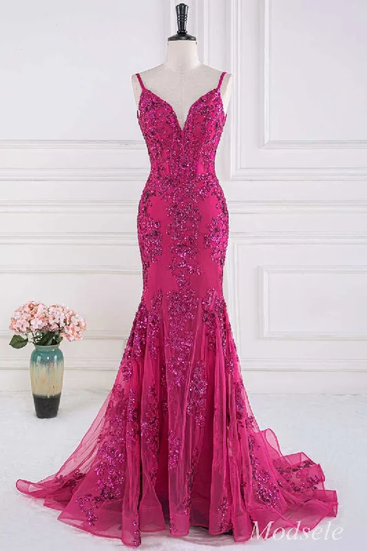 women's party dressesMagenta Sequin Appliques V-Neck Trumpet Long Gown