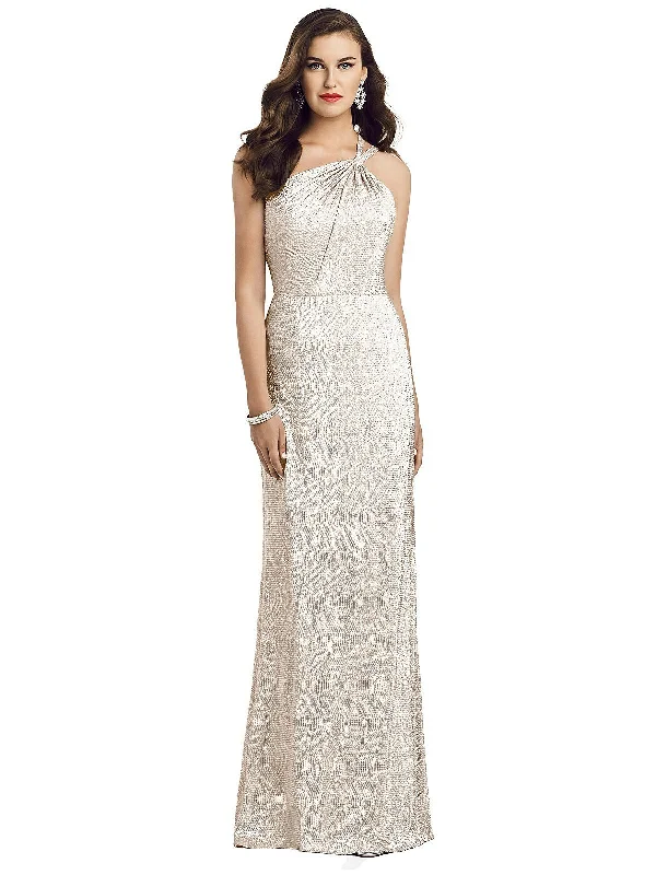 women's mini dressesOne-Shoulder Twist Metallic Trumpet Gown