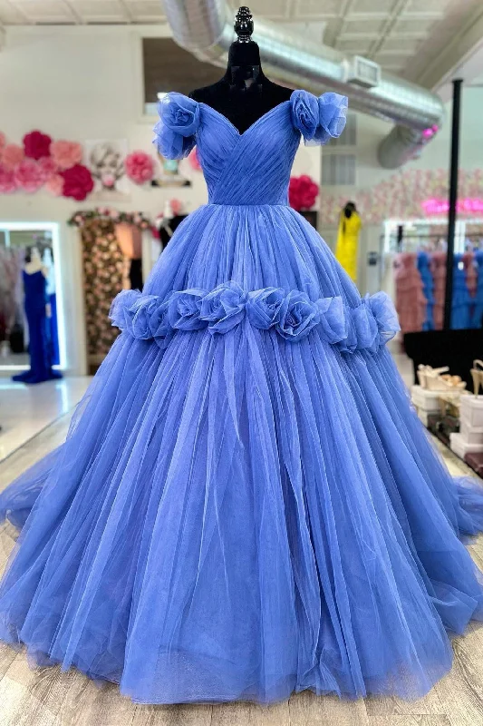 women's ethical fashion dressesPeriwinkle Tulle Off-the-Shoulder Ball Gown with Flowers