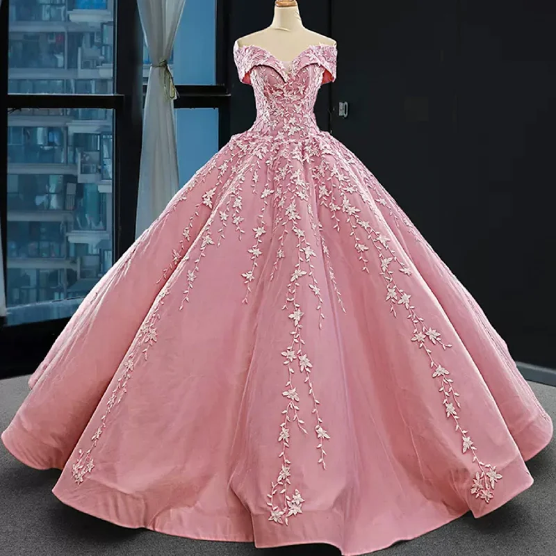 women's luxury dressesPink Ball Gown Lace Appliqued Vneck Quinceanera Dresses